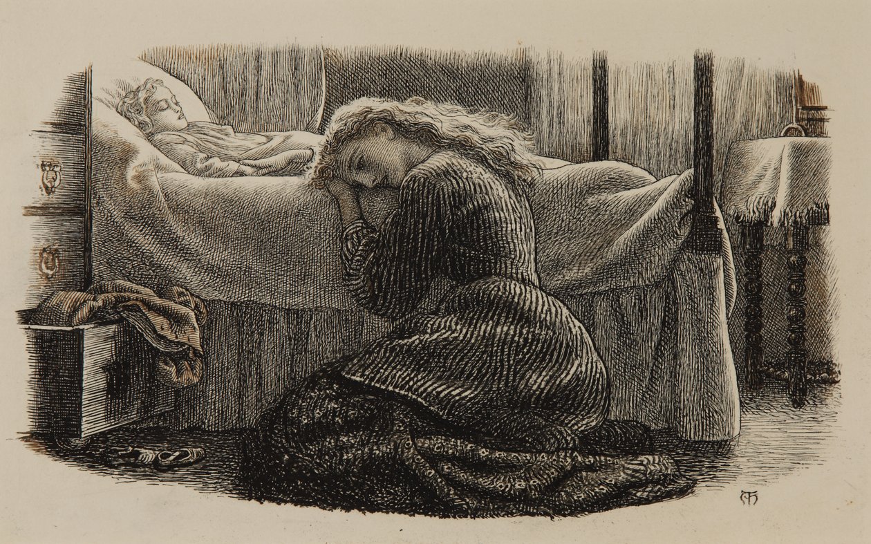 Śmierć najmłodszego dziecka, ok. 1865 (tusz na papierze) autorstwa Arthur Hughes