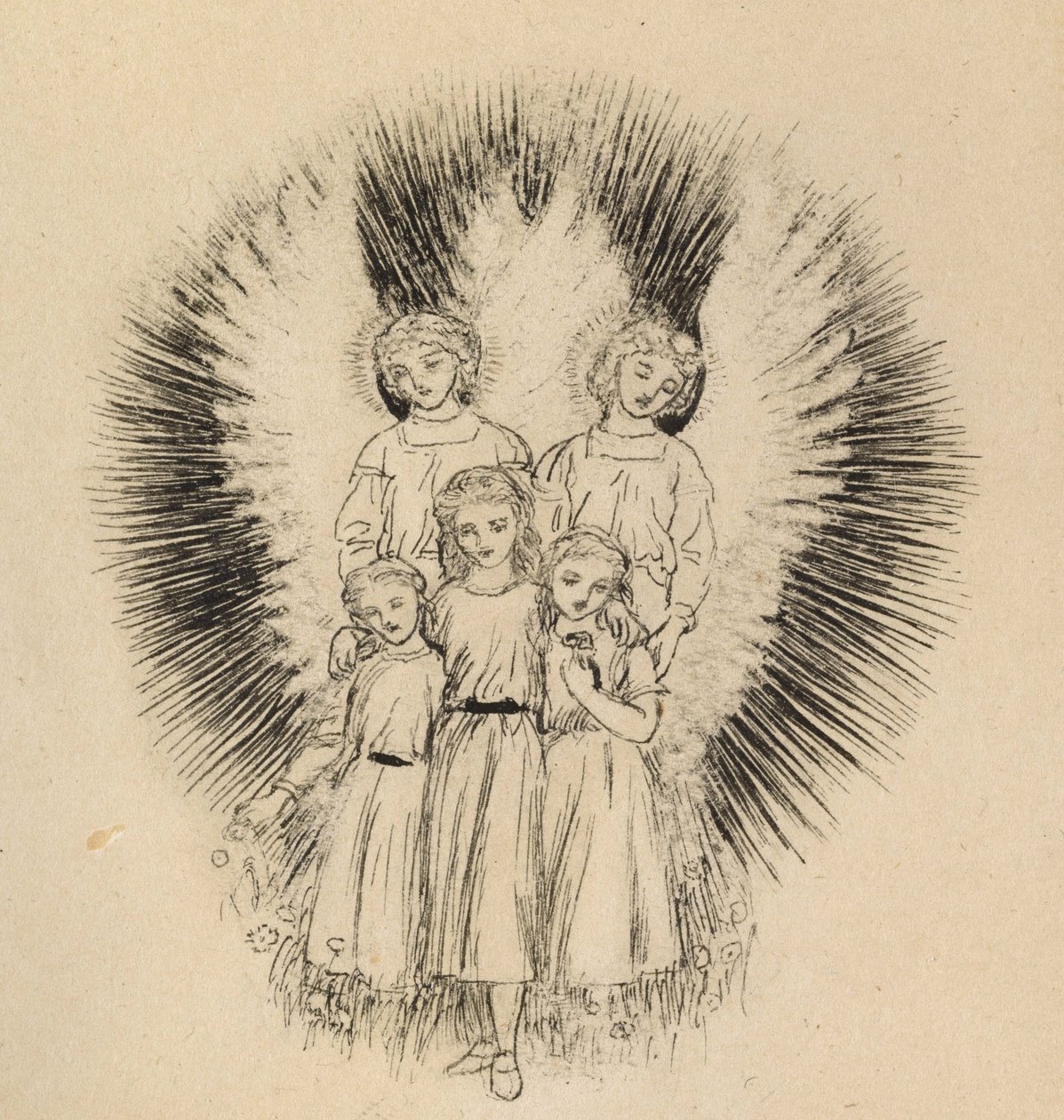 Troje małych dzieci na szerokiej, szerokiej Ziemi (pióro i czarny atrament na złamanym białym papierze) autorstwa Arthur Hughes