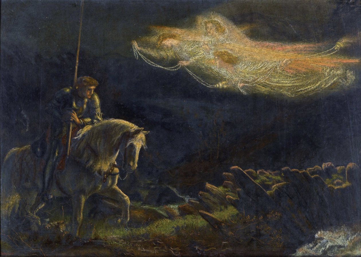 Sir Galahadzie. La Quete du Saint Graal Sir Galahad. W poszukiwaniu Świętego Graala par Arthur Hughes (1832-1915) - Olej na drewnie, 30,5x43 - Kolekcja prywatna autorstwa Arthur Hugues