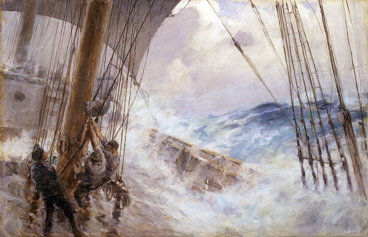 Manewry opuszczania żagla z głównego masztu podczas sztormu. Olej na płótnie autorstwa Arthur John Briscoe