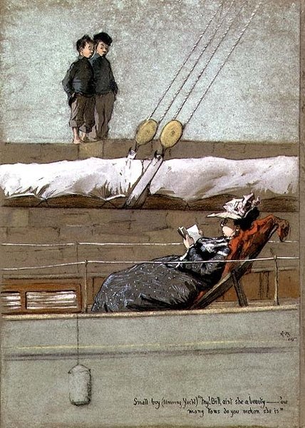 Mały chłopiec (podziwiający jacht) „Mój! Bill, czyż ona nie jest pięknością - "Jak myślisz, ile ton jest" autorstwa Arthur John Briscoe