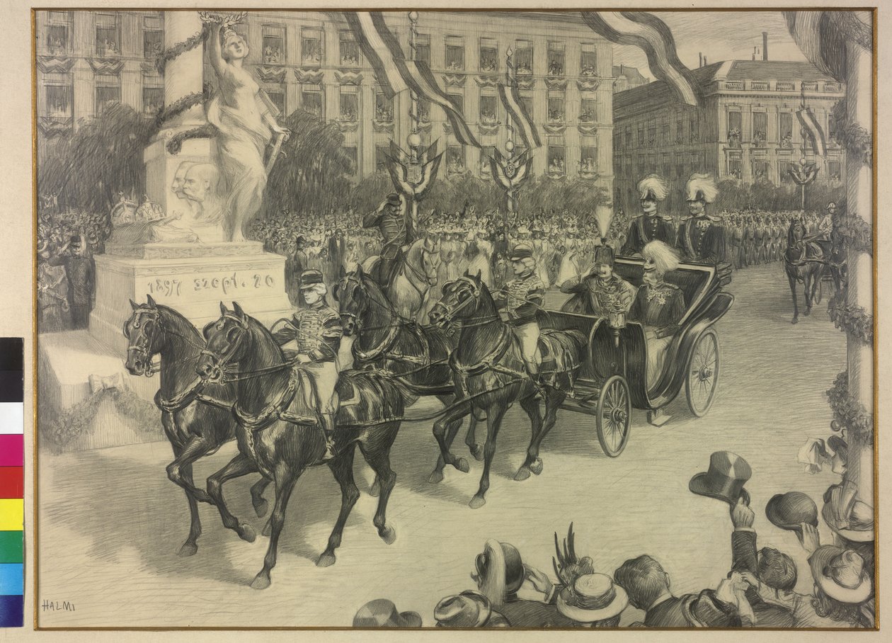 Cesarz Wilhelm II i cesarz Franciszek Józef I w Budapeszcie 1897 (rysunek ołówkiem) autorstwa Arthur Lajos Halmi