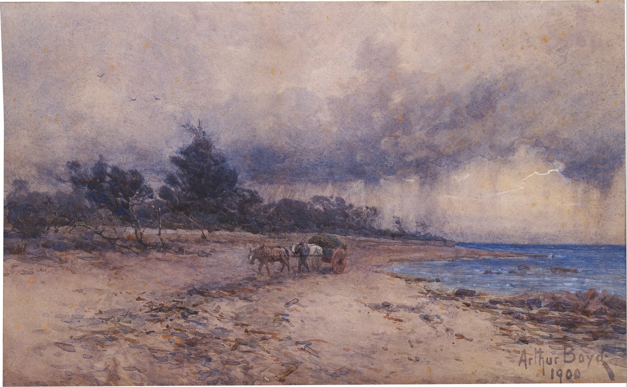bez tytułu (zbieranie wodorostów przed burzą, plaża Sandringham) autorstwa Arthur Merric Boyd