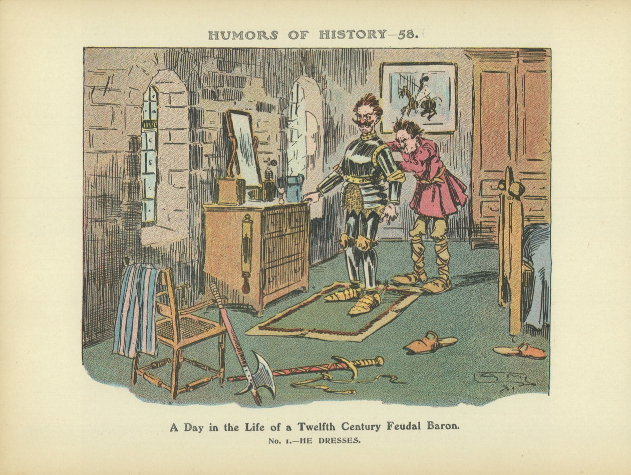 Dzień z życia dwunastowiecznego barona feudalnego (kolorowa litografia) autorstwa Arthur Moreland