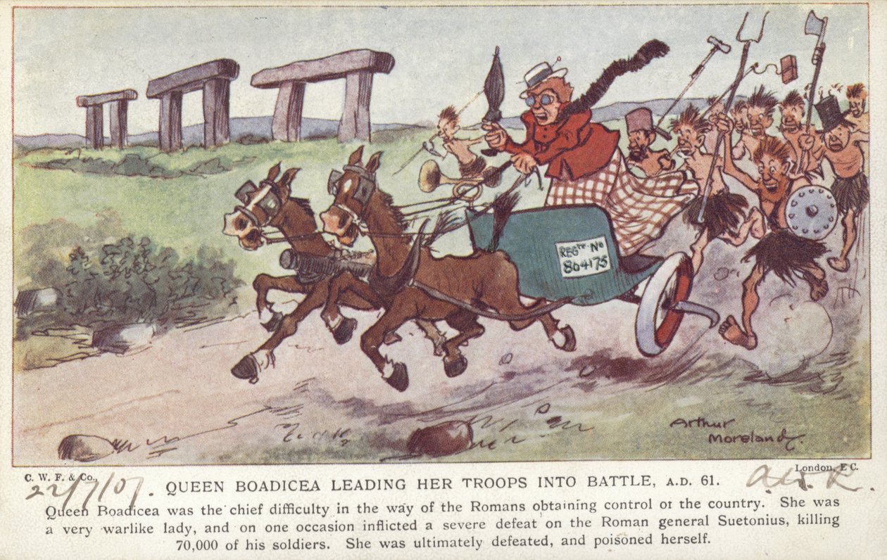 Królowa Boadicea prowadząca swoje wojska do bitwy, AD 61 (kolorowa litografia) autorstwa Arthur Moreland