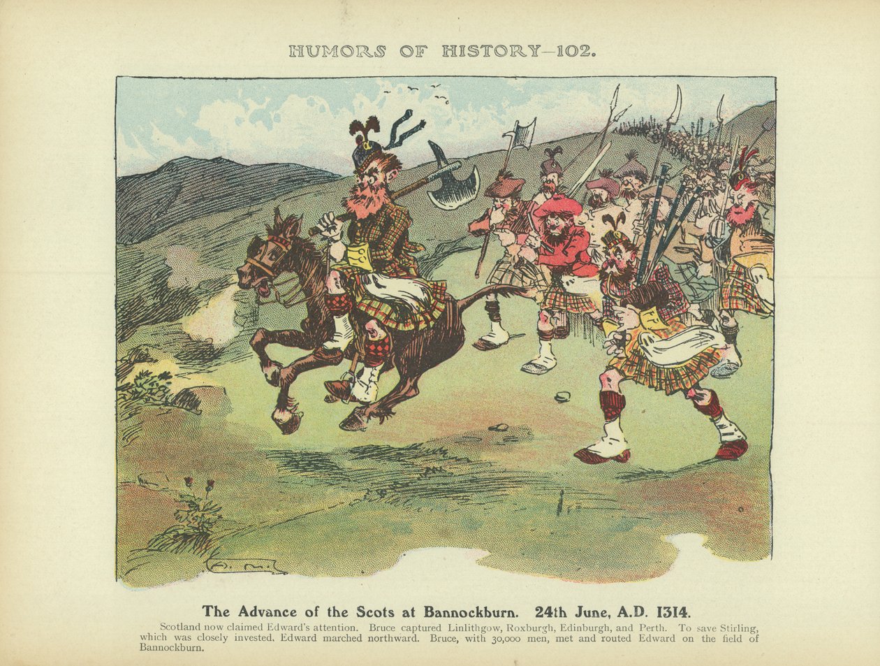 Atak Szkotów pod Bannockburn. 24 czerwca, A.D. 1314 (kolorowa litografia) autorstwa Arthur Moreland