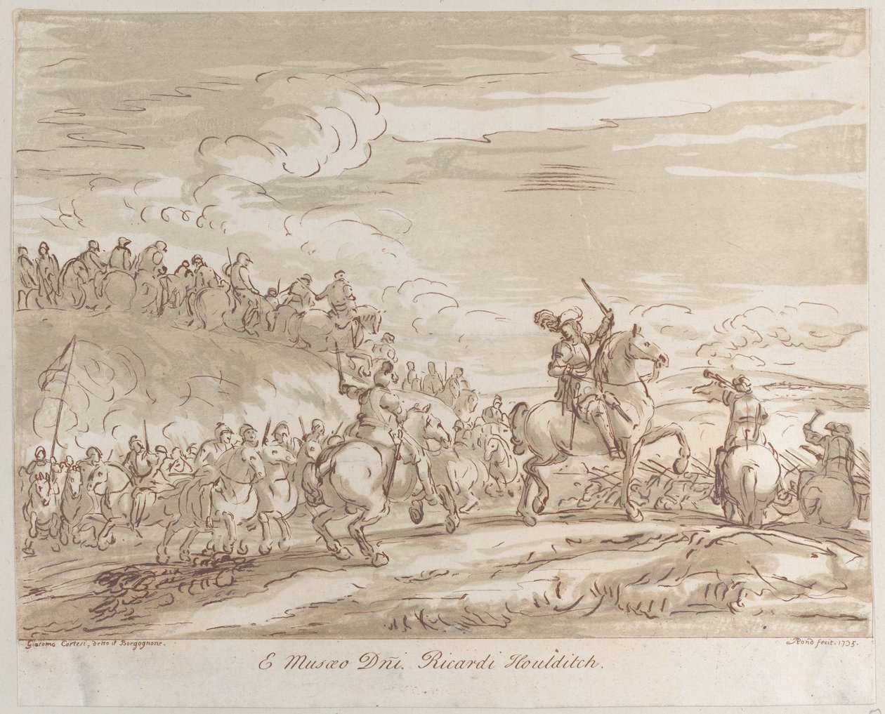 Kawaleria zbliżająca się do szarży, z centralną postacią na koniu wznoszącą miecz, 1735., 1735. autorstwa Arthur Pond