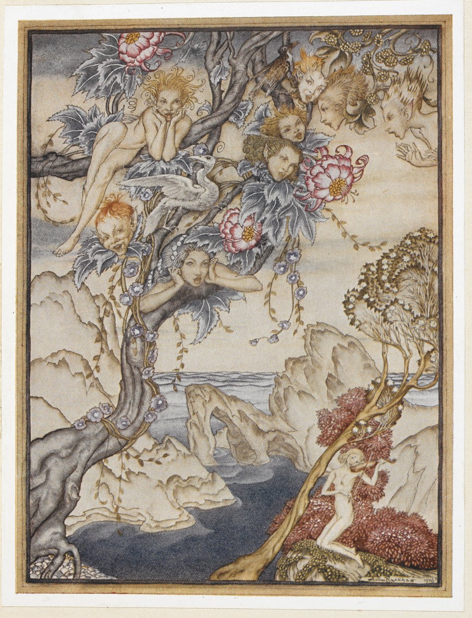 AKT III: Scena II, wers 144 Wyspa jest pełna hałasów, dźwięków i słodkich audycji, które zachwycają i nie ranią. autorstwa Arthur Rackham