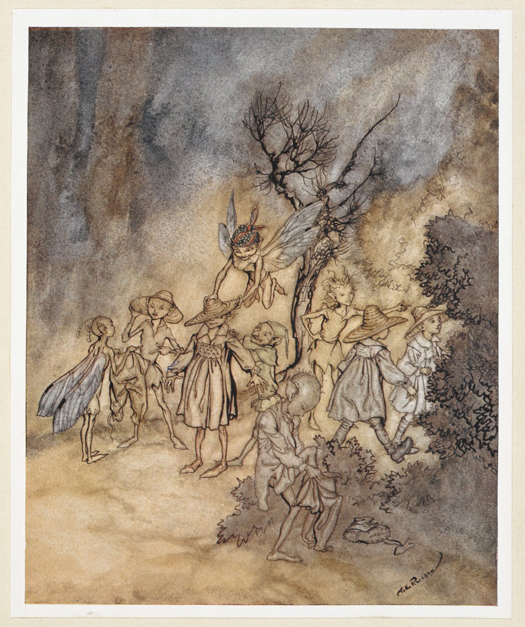 AKT IV: Scena I, w. 138 Wejdź do niektórych Żniwiarzy, odpowiednio przyzwyczajonych. Juno i Ceres wysyłają Iris po kilka nimf i żniwiarzy do wykonania tańca country. autorstwa Arthur Rackham