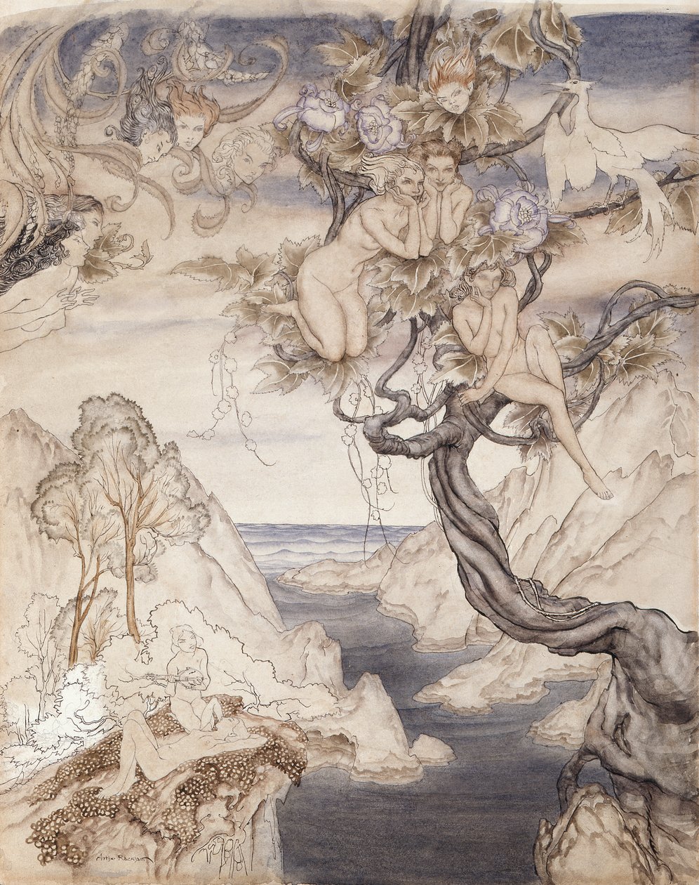 Pieśń wróżek, narysowana do aktu II, scena ii, ze Snu nocy letniej (pióro i atrament i toaleta na papierze) autorstwa Arthur Rackham