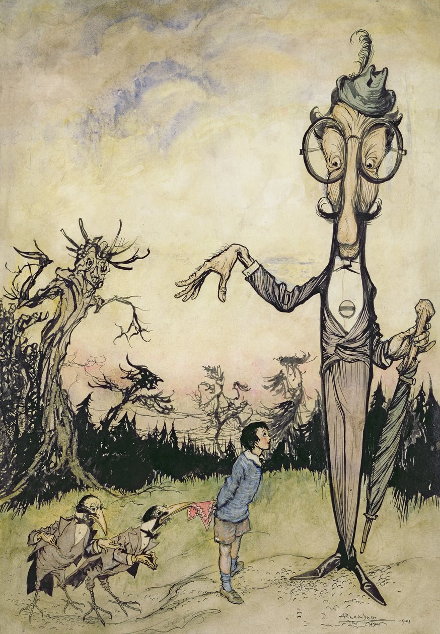 Gigant z dzieckiem i dwoma wronami, ilustracja z Księgi Betty Barber autorstwa Maggie Brown, wyd. 1910 (pióro i atrament, później kolorowane przez Harry