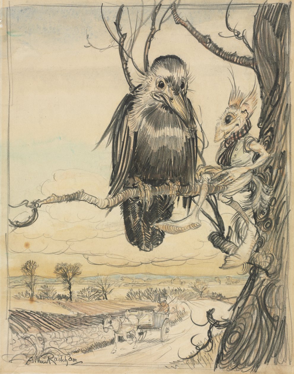 Wiewiórka i wrona autorstwa Arthur Rackham