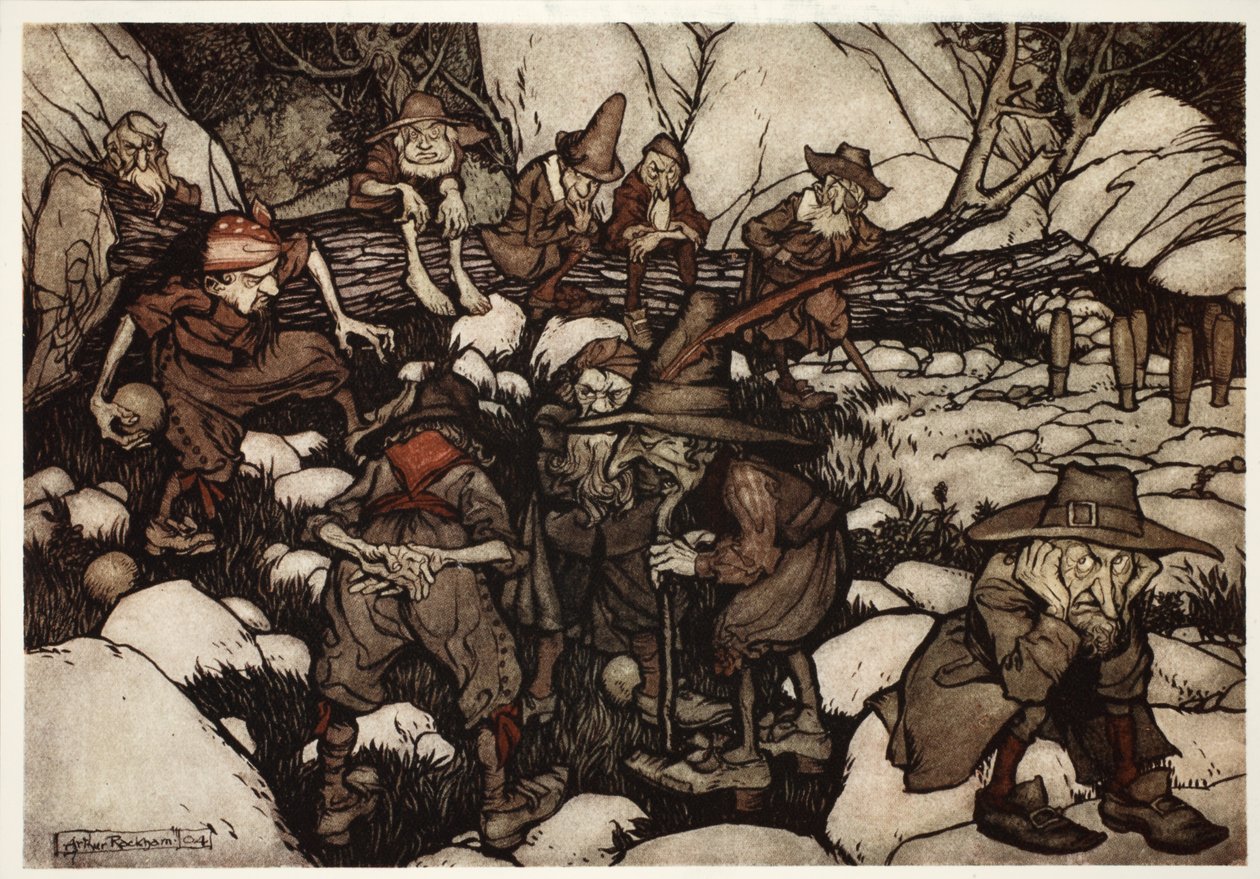 Towarzystwo dziwnie wyglądających osób grających na ninepins., z pubu Rip Van Winkle by Washington Irving. 1910 autorstwa Arthur Rackham
