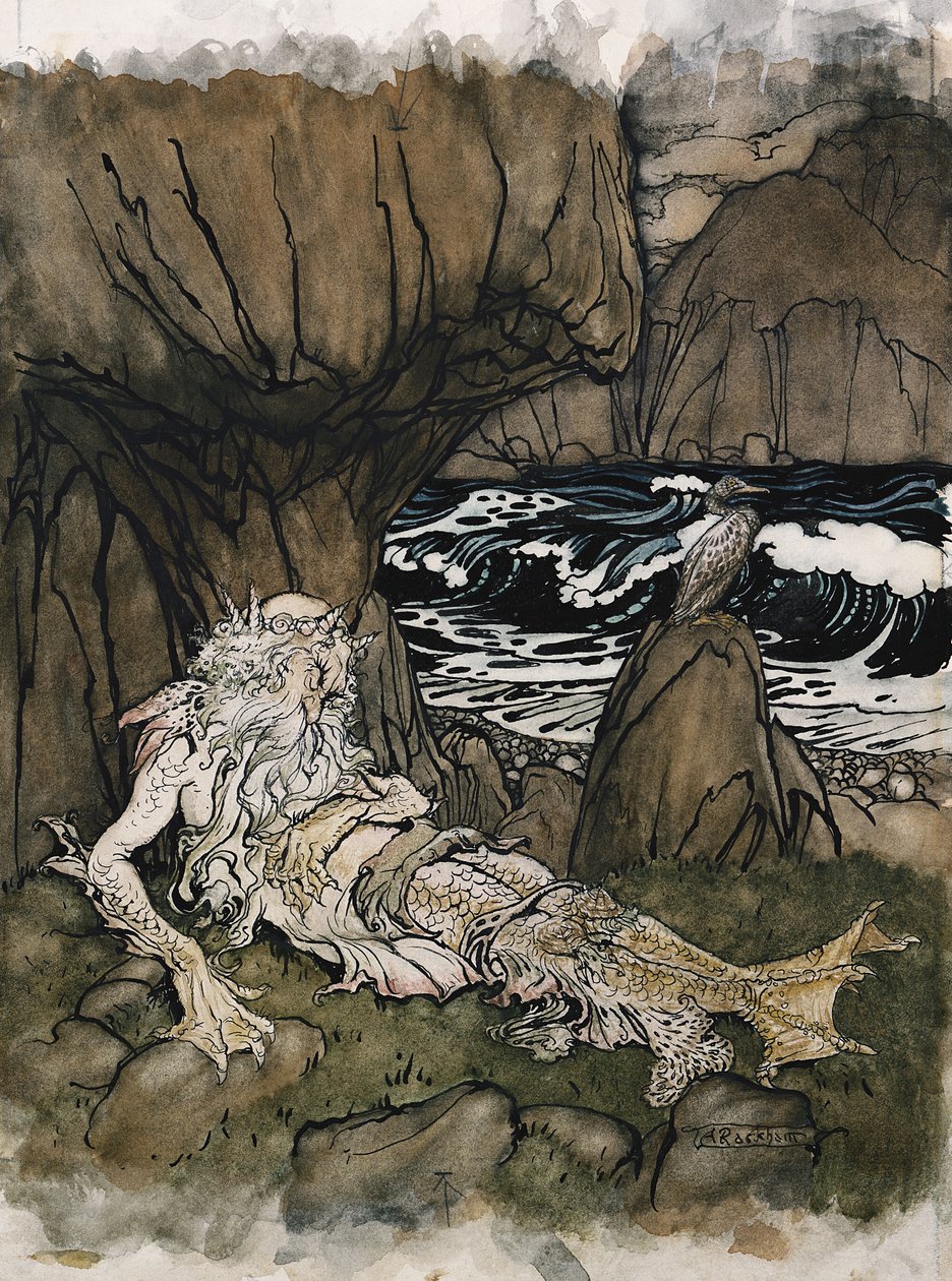 „Syren” w koronie, bóg morza śpiący na skalistym brzegu autorstwa Arthur Rackham