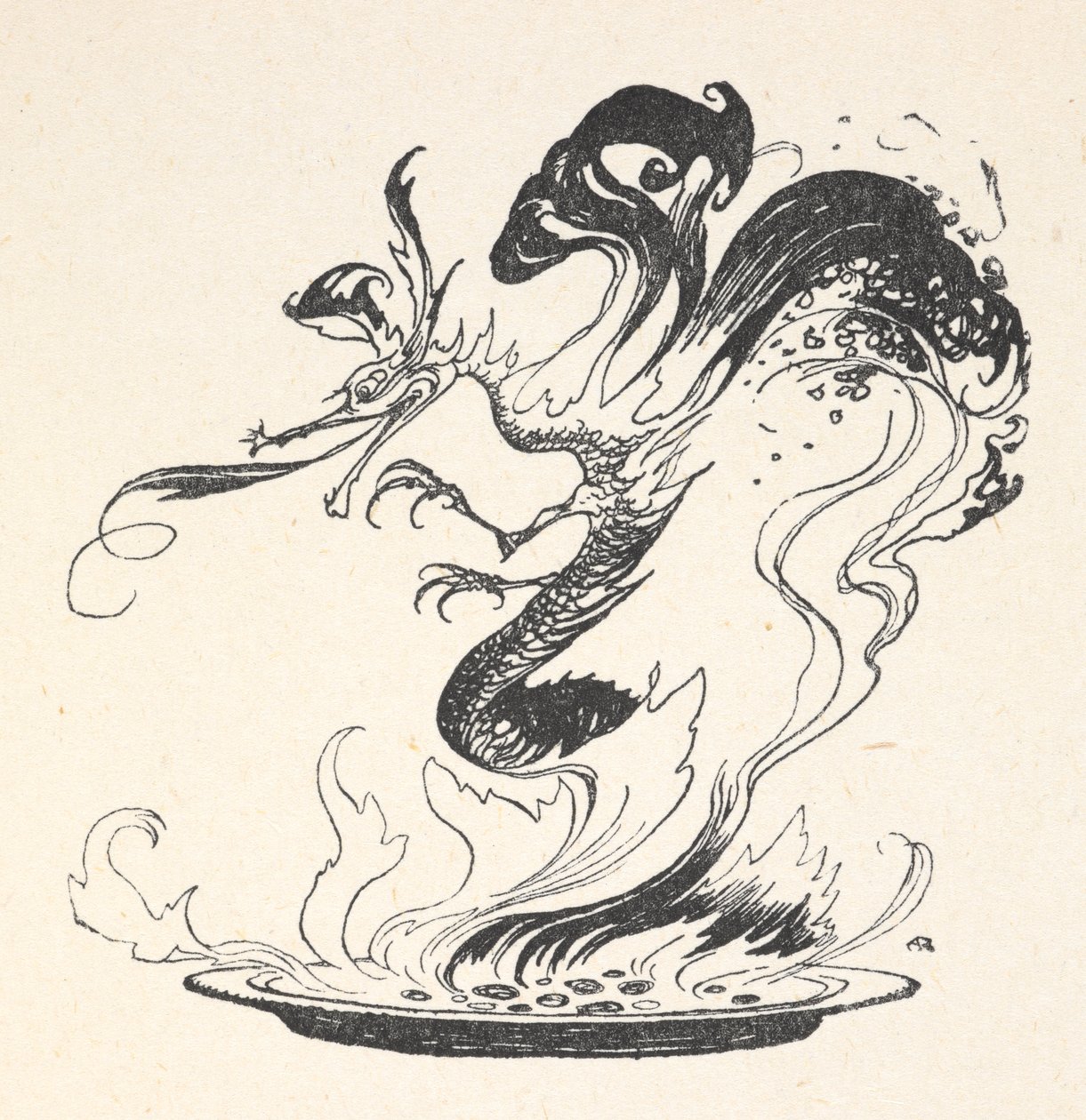 Smok wyłaniający się z talerza z płonącymi pieniędzmi autorstwa Arthur Rackham