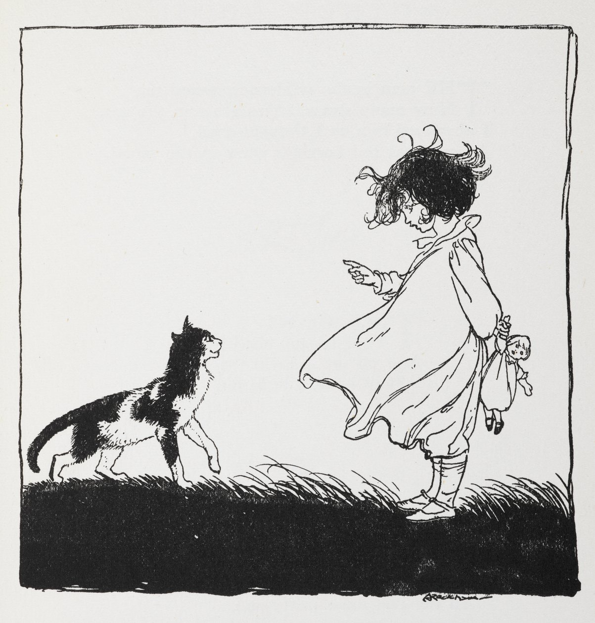 Dziewczyna z lalką mówi o swoim kotku. autorstwa Arthur Rackham