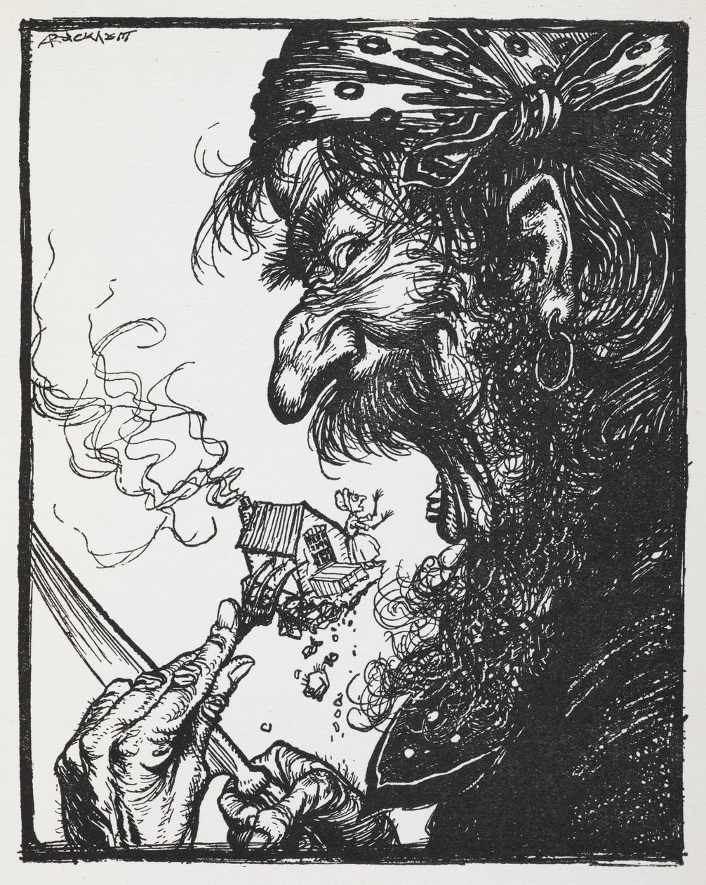 Duży mężczyzna zjada malutką damę i jej dom. autorstwa Arthur Rackham