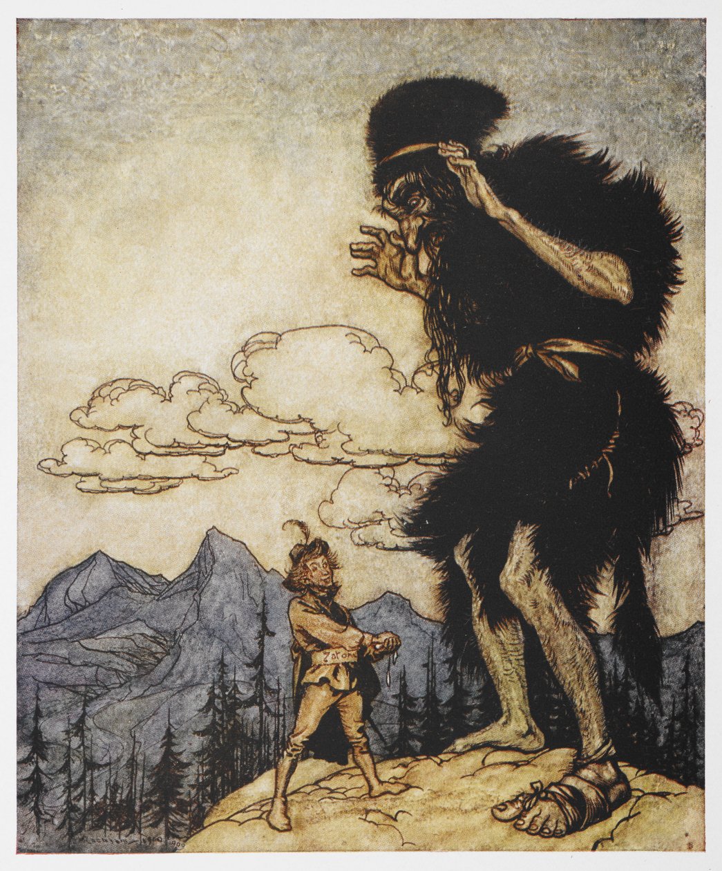 Mężczyzna i olbrzym z Dzielnego krawca autorstwa Arthur Rackham