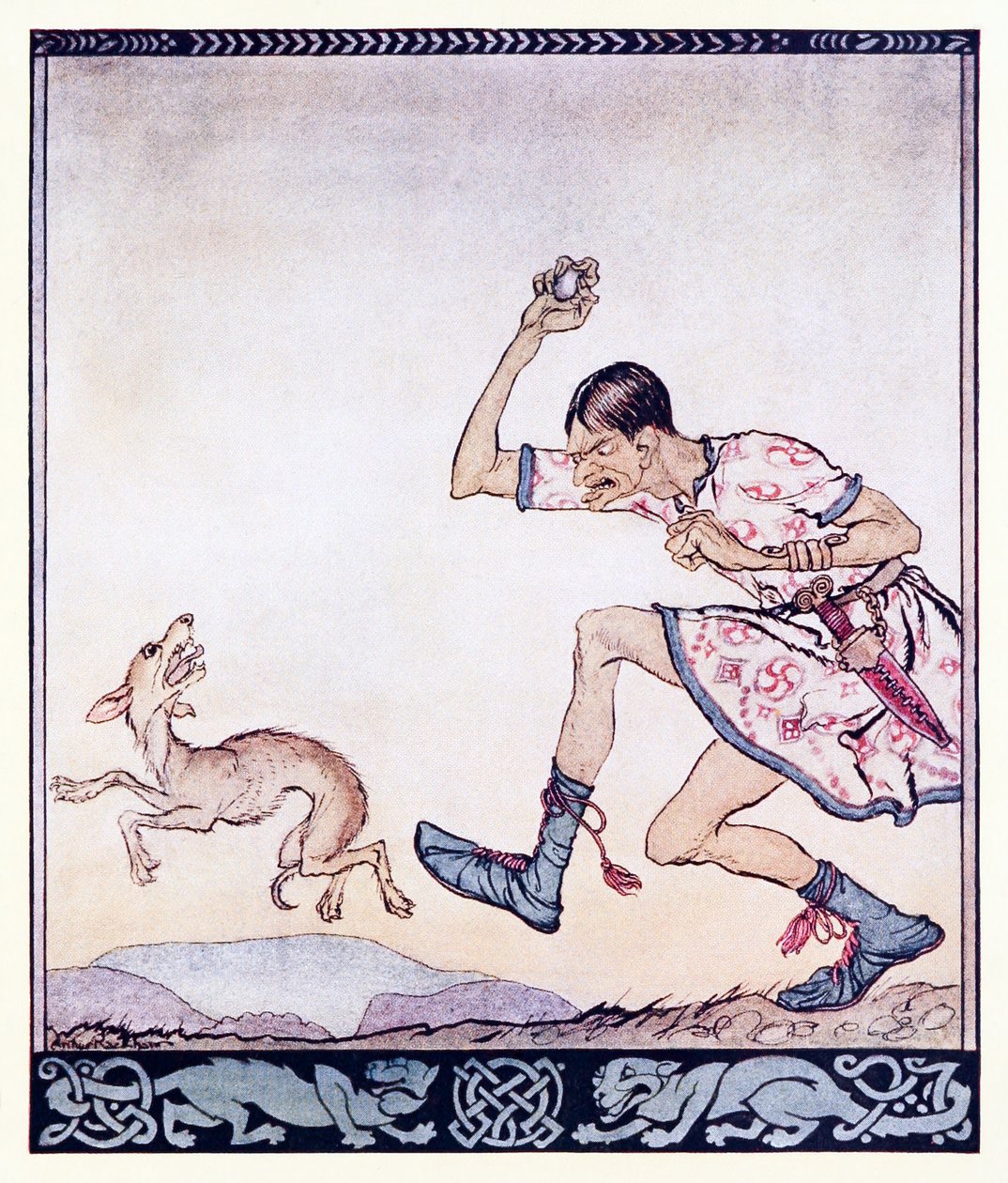 Człowieka, który nie lubił psów. W rzeczywistości ich nienawidził. z Narodzin Otrębów w irlandzkich bajkach autorstwa Arthur Rackham