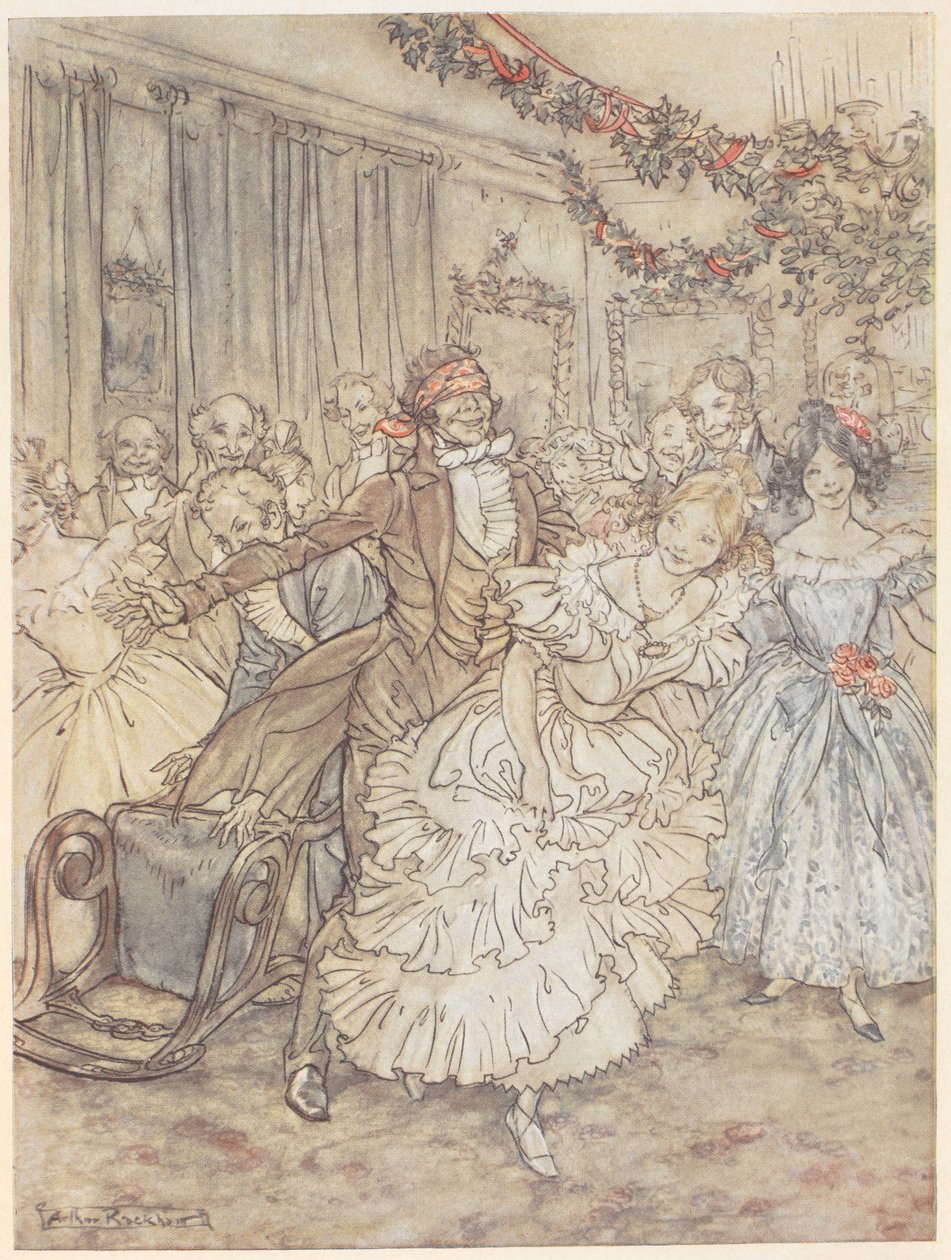 Impreza grająca w blef ślepca. Mężczyzna z zasłoniętymi oczami goni kobietę w plisowanej sukience autorstwa Arthur Rackham