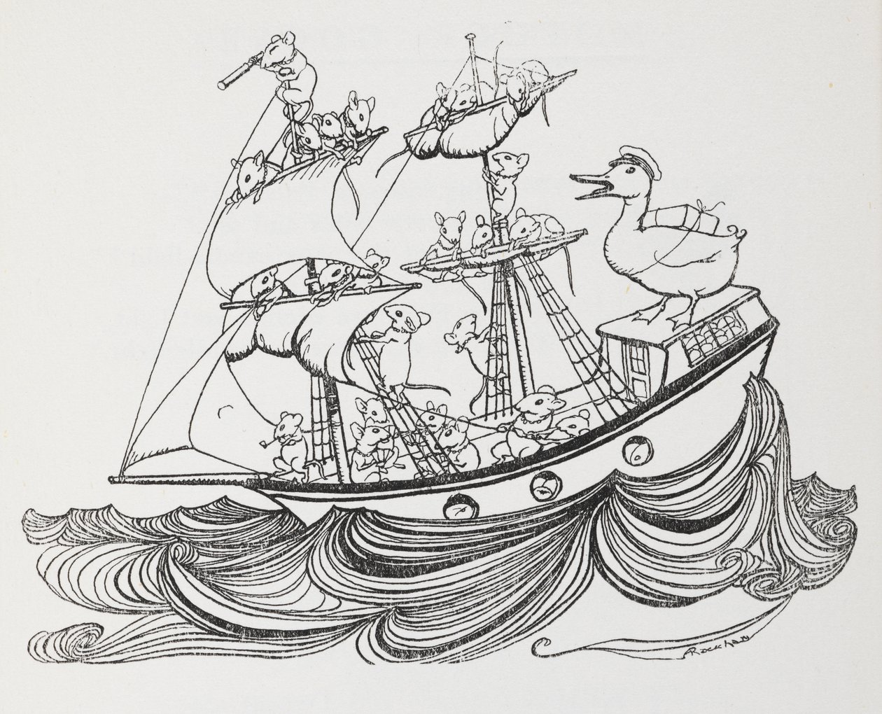 Statek z załogą myszy i kaczką na czele. autorstwa Arthur Rackham