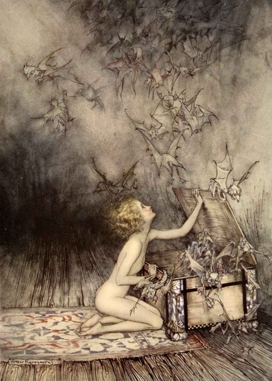 Nagły rój skrzydlatych stworzeń przemknął obok niej, ilustracja z „Cudownej książki dla dziewcząt i chłopców” Nathaniela Hawthorne