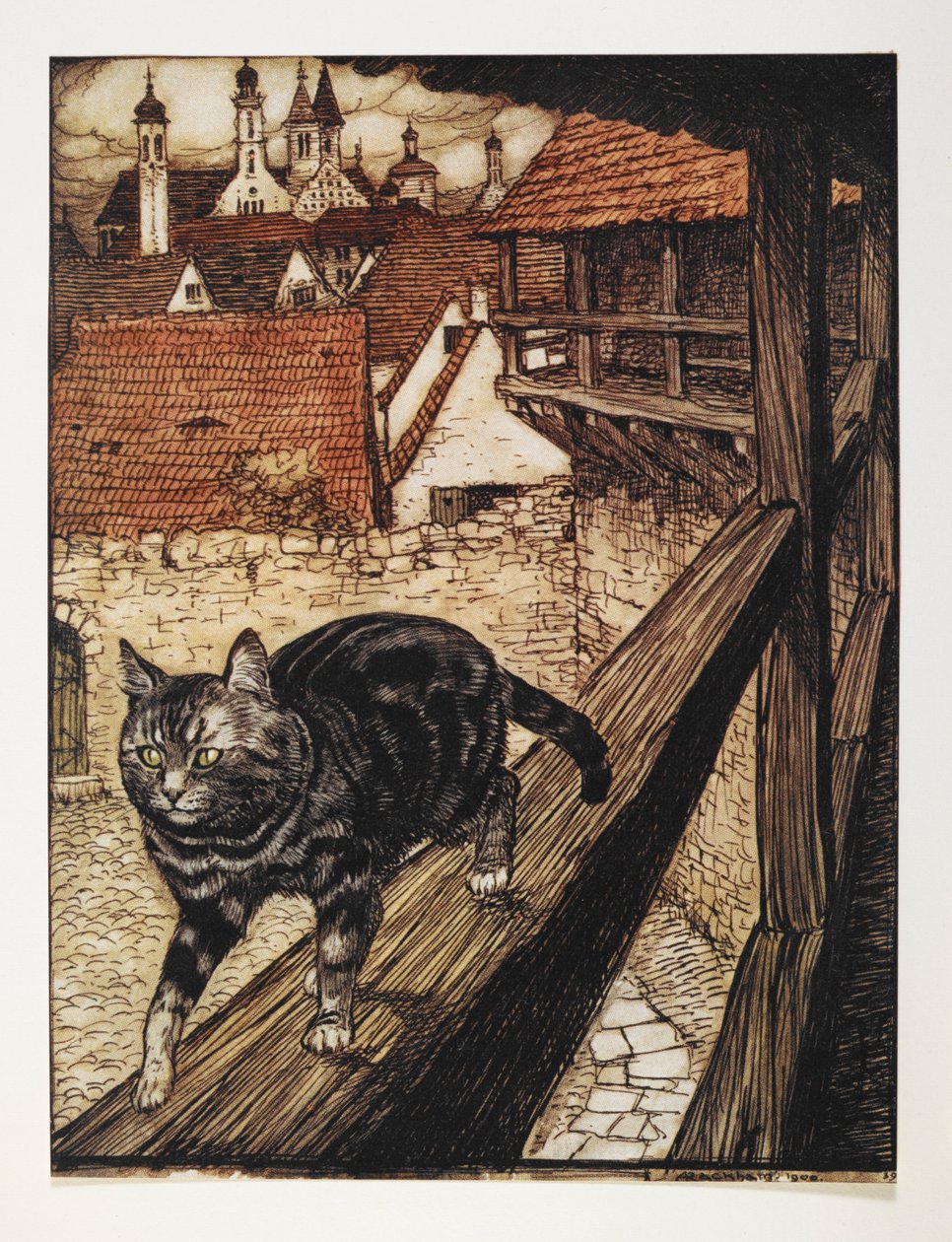 Pręgowany kot idący wzdłuż drewnianej poręczy budynku. autorstwa Arthur Rackham