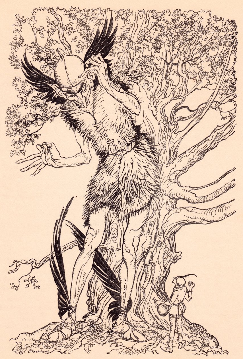 Straszny gość, o połowę mniejszy od drzewa, przy którym stał. Ilustracja autorstwa Arthura Rackhama z baśni braci Grimm, Duch w szklanej butelce. autorstwa Arthur Rackham