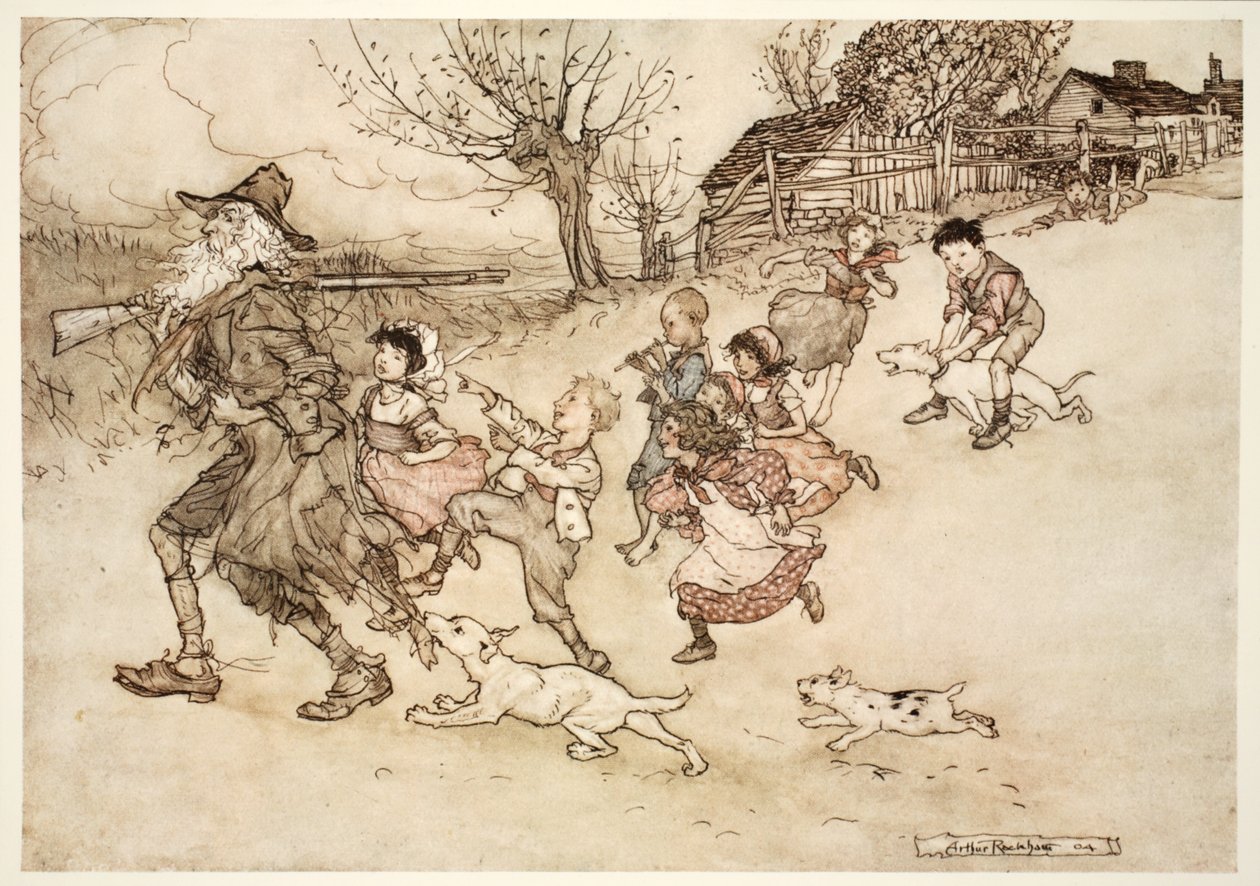 Grupa dziwnych dzieci biegła mu po piętach, pohukując za nim i wskazując na jego siwą brodę., z pubu Rip Van Winkle przy Washington Irving. 1910 autorstwa Arthur Rackham
