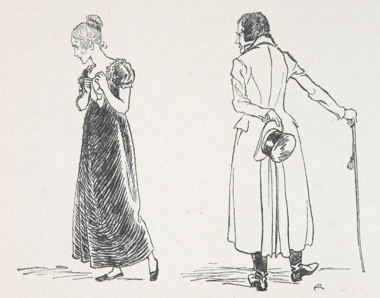 Kłócąca się młoda para, kobieta, która się odwróciła, przyciskając chusteczkę do piersi autorstwa Arthur Rackham
