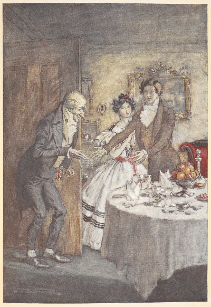 Um rapaz e uma moça dão as boas-vindas a Scrooge para uma refeição em sua sala de jantar polonês autorstwa Arthur Rackham
