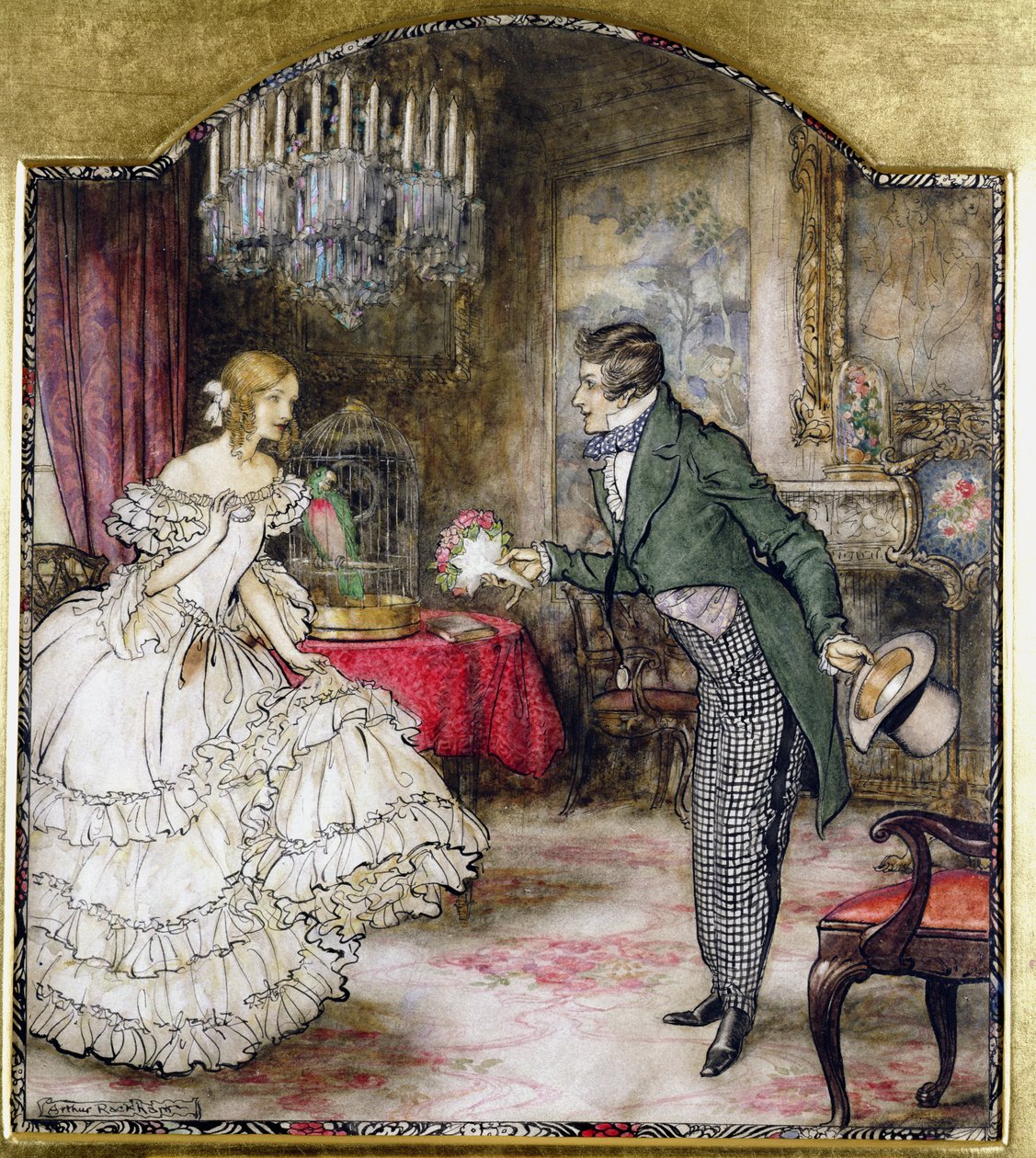 Młody mężczyzna przedstawiający bukiet dziewczynie stojącej w salonie (toaleta z piórem i atramentem na papierze) autorstwa Arthur Rackham