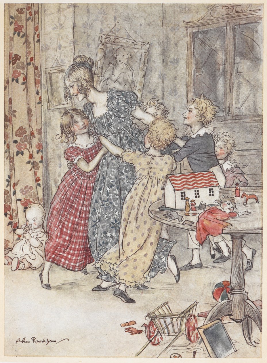 Młoda kobieta i dzieci tańczą wokół pokoju zabaw pełnego zabawek autorstwa Arthur Rackham