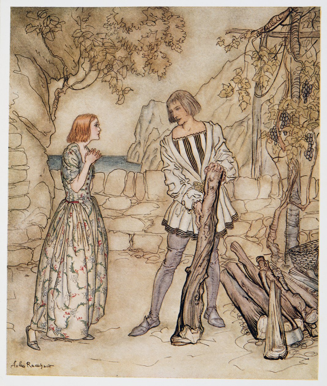 Niestety, teraz módlcie się, nie pracujcie tak ciężko, ilustracja z Burzy Williama Szekspira, wyd. 1926 autorstwa Arthur Rackham