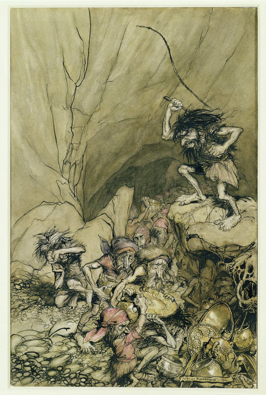 Alberich jeździ w zespole Nibelungów obładowanych złotem i srebrem, ilustracja z pubu Złoto Renu i Walkiria Ryszarda Wagnera (1813-83). 1910 (pióro i atrament, wc) autorstwa Arthur Rackham
