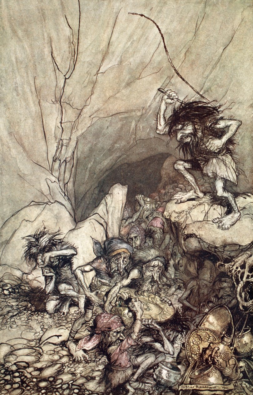 „Alberich jeździ w bandzie Nibelungów ze złotymi i srebrnymi skarbami”, 1910. autorstwa Arthur Rackham
