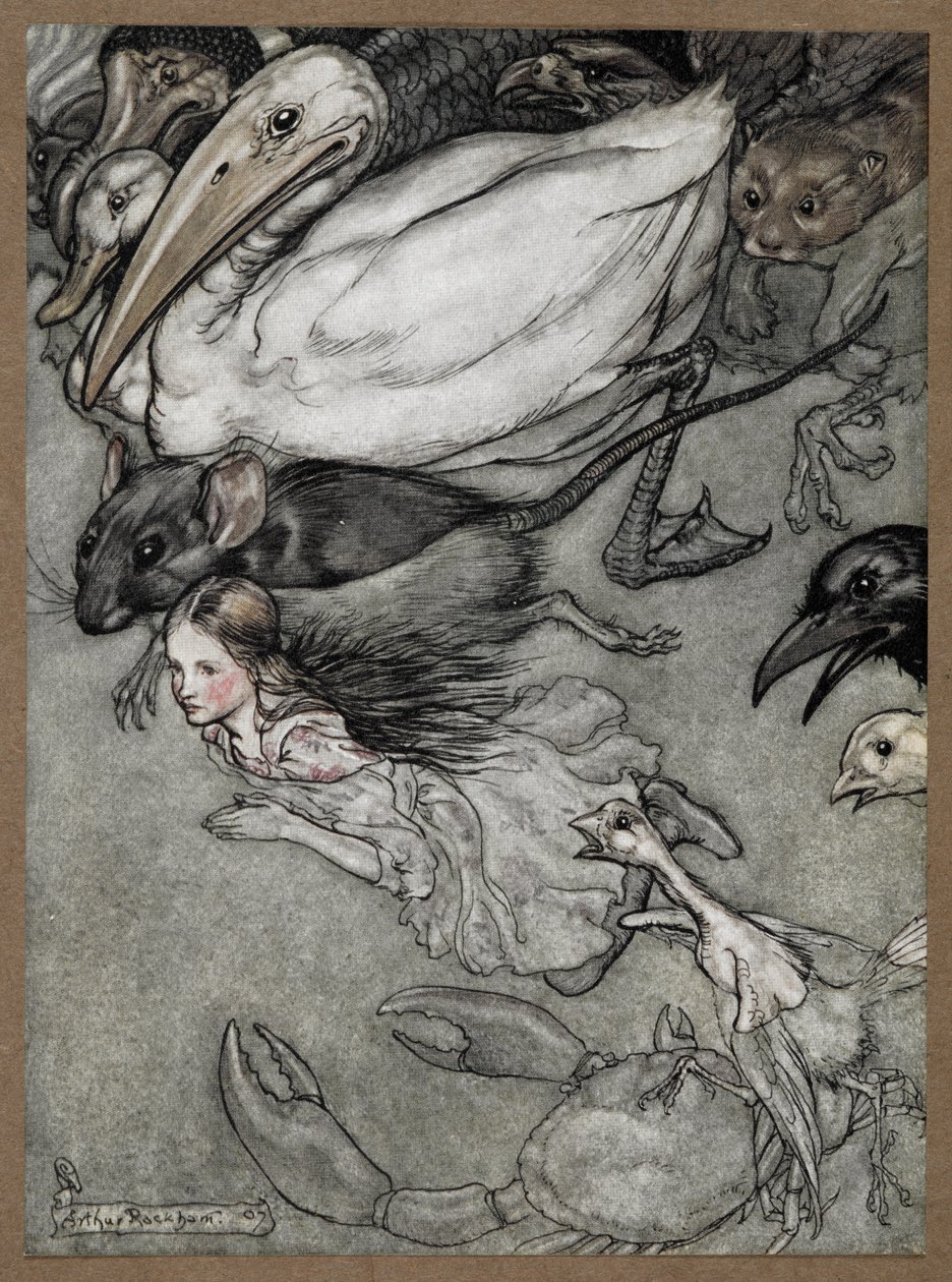 Alicja i różne zwierzęta pływające, w tym szczur, kaczka, dodo, wrona, łasica, krab i pisklę. autorstwa Arthur Rackham