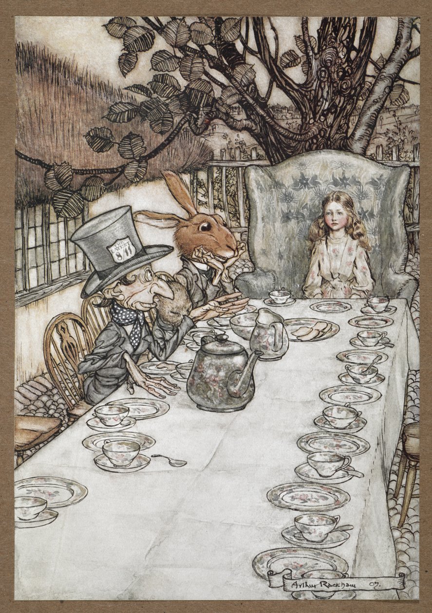Alicja na herbacie Szalonego Kapelusznika z Marcowym Zającem, Popielicą i Szalonym Kapelusznikiem autorstwa Arthur Rackham