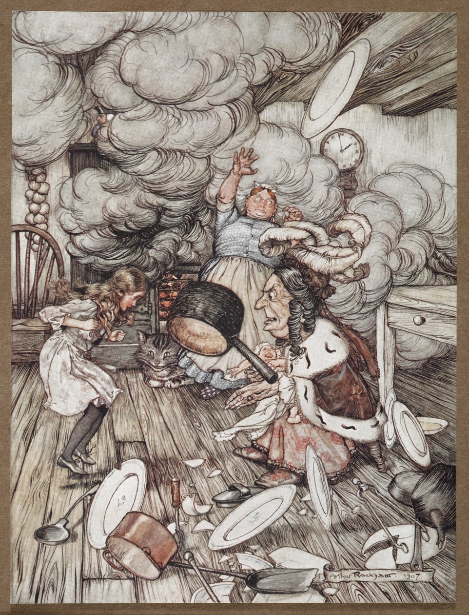 Alicja w kuchni z księżną, kucharką i kotem z Cheshire autorstwa Arthur Rackham