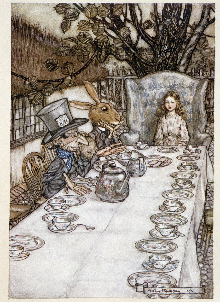 Alicja bierze „” w głupców””” (Kapelusznik i Mars Lievre) - w „” Przygody Alicji w Krainie Czarów””, Lewis Carroll, chory. autorstwa Arthura Rackhama (1867-1939) autorstwa Arthur Rackham