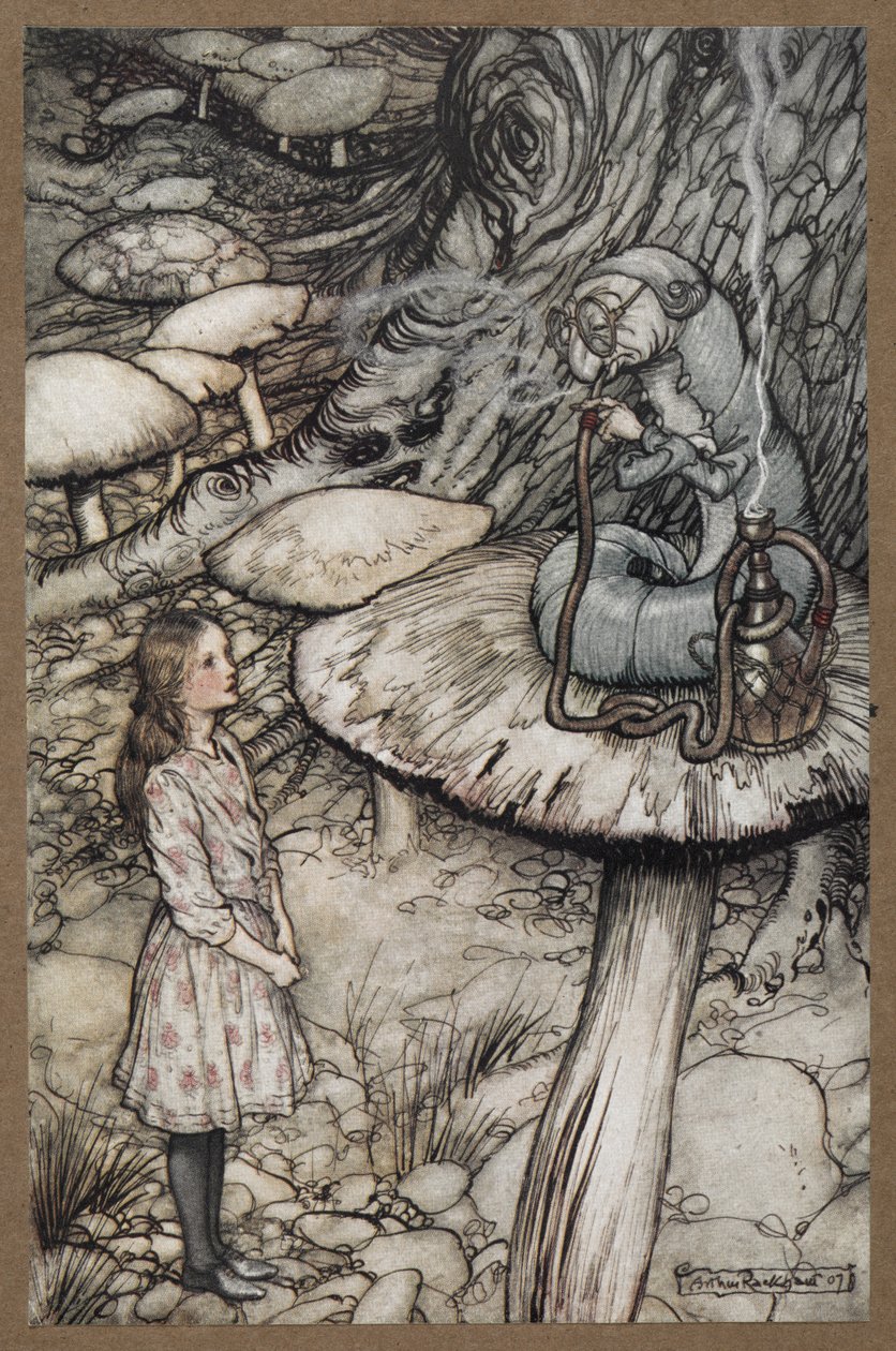 Alicja rozmawia z Gąsienicą, która siedzi na grzybie i pali fajkę autorstwa Arthur Rackham