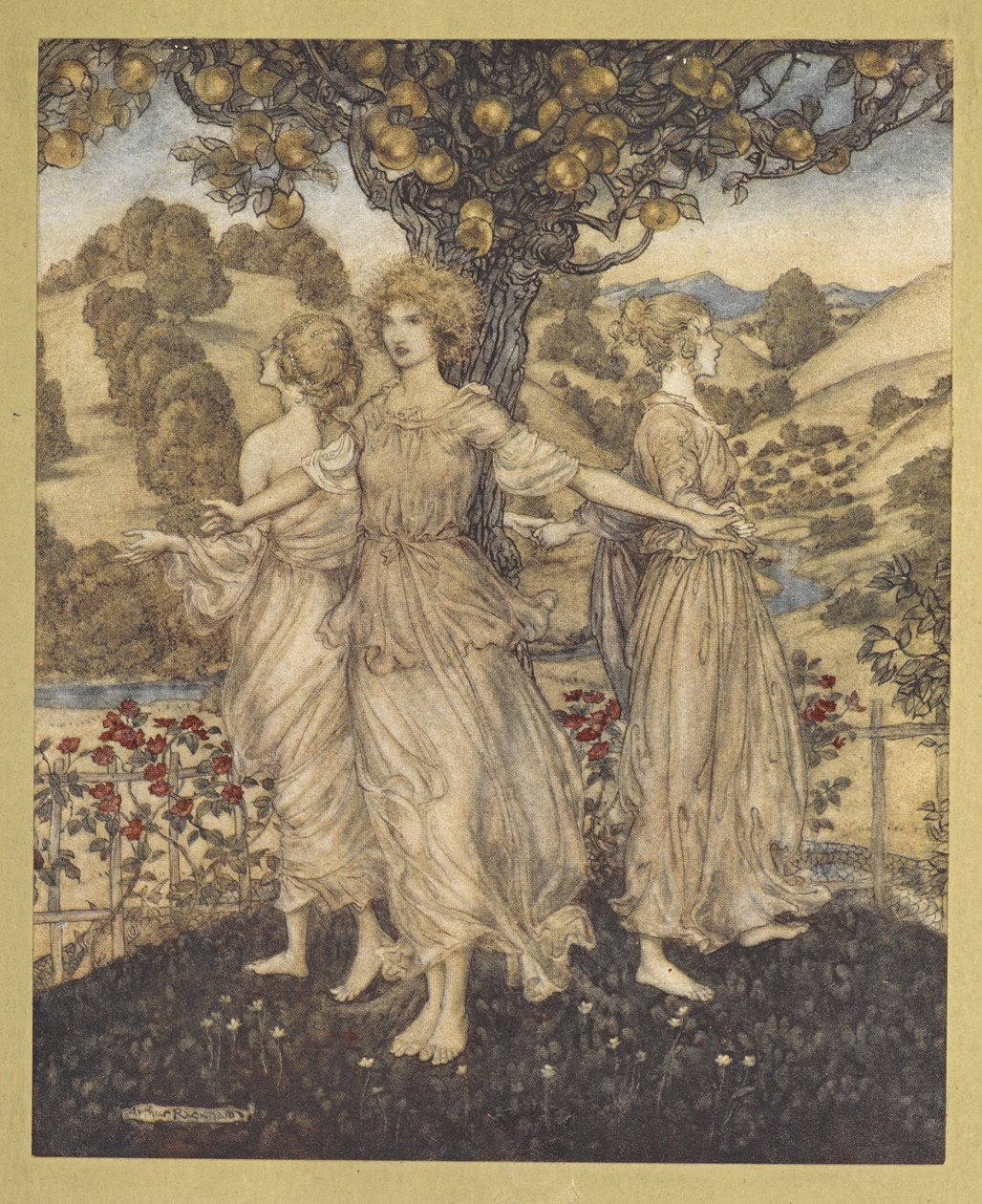 Wszystko pośród jarmarku w ogrodzie, Hesperus i jego trzy córki, które śpiewają o złotym drzewie”. autorstwa Arthur Rackham