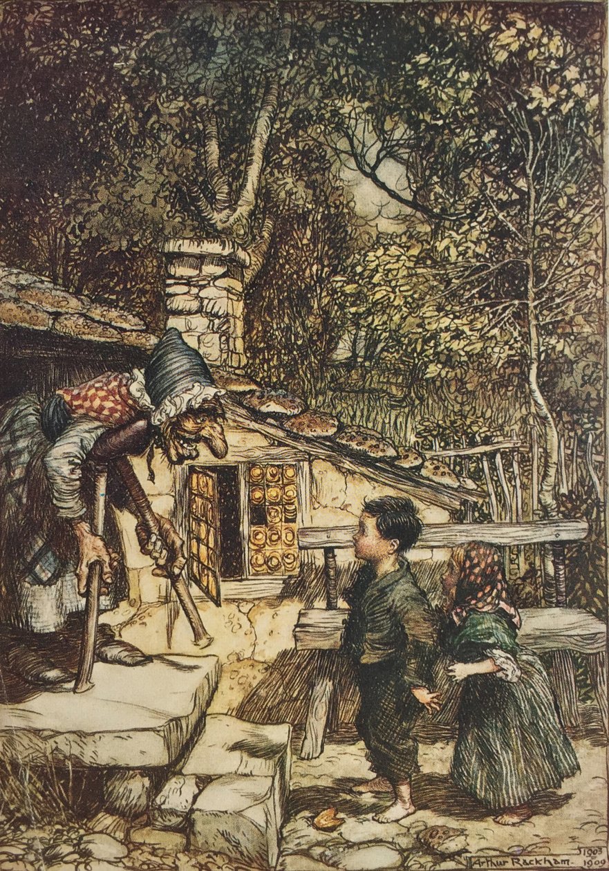 „Nagle drzwi się otworzyły i stara, stara kobieta, wspierając się na kuli, wyszła kuśtykając”, ilustracja z „Jaś i Małgosia” autorstwa Arthur Rackham