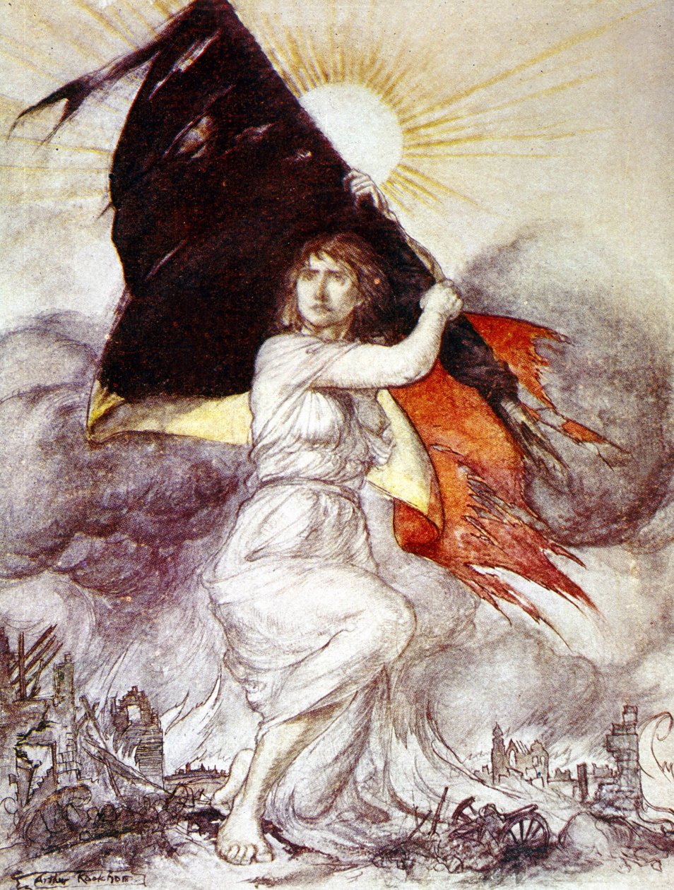 Alegoria Belgii podczas I wojny światowej, rys. Arthur Rackham autorstwa Arthur Rackham