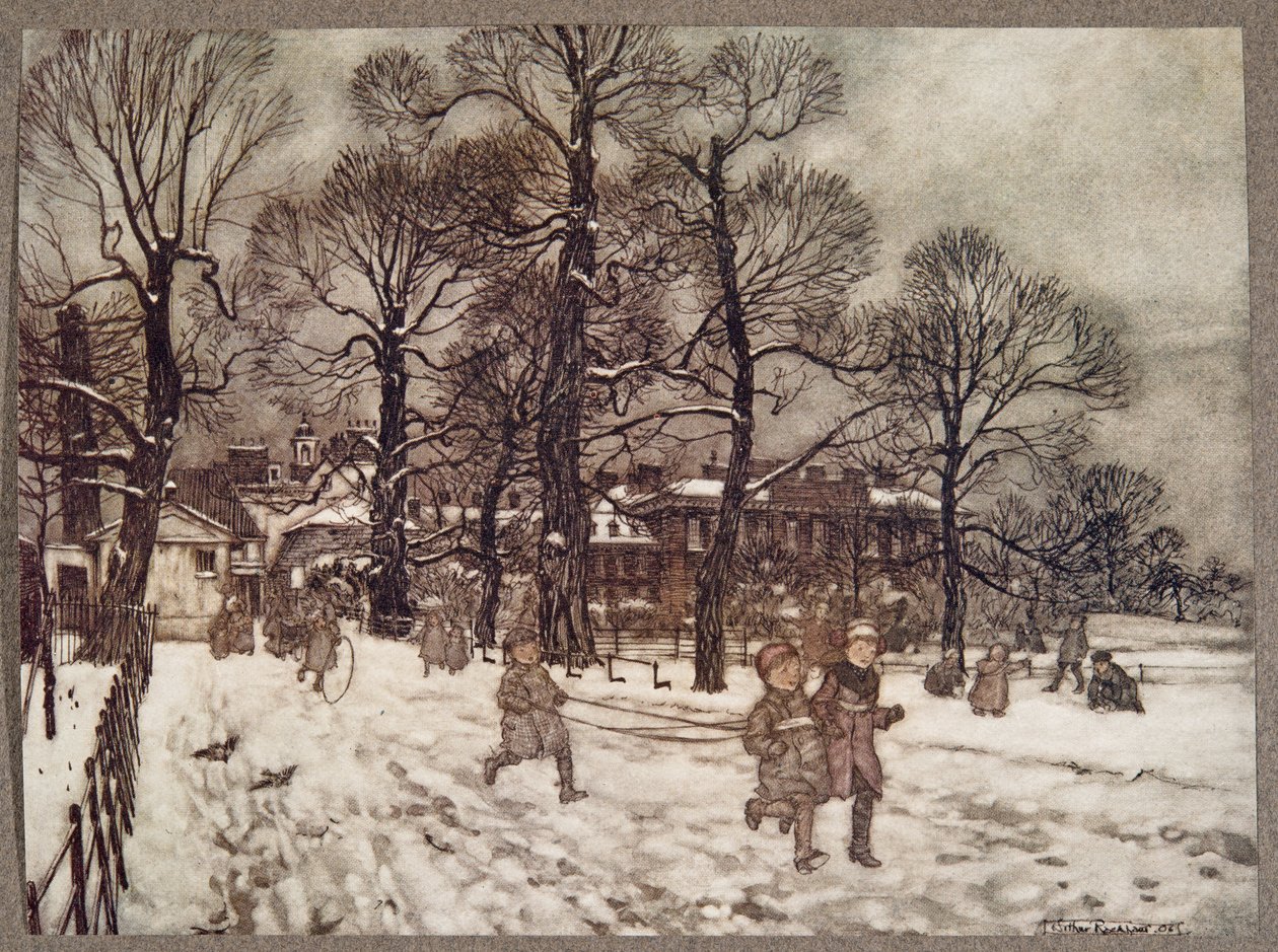 Popołudnie, kiedy Ogrody były białe od śniegu, od Piotruś Pan w Kensington Gardens JM Barrie (1860 - 1937), wyd. 1906 autorstwa Arthur Rackham