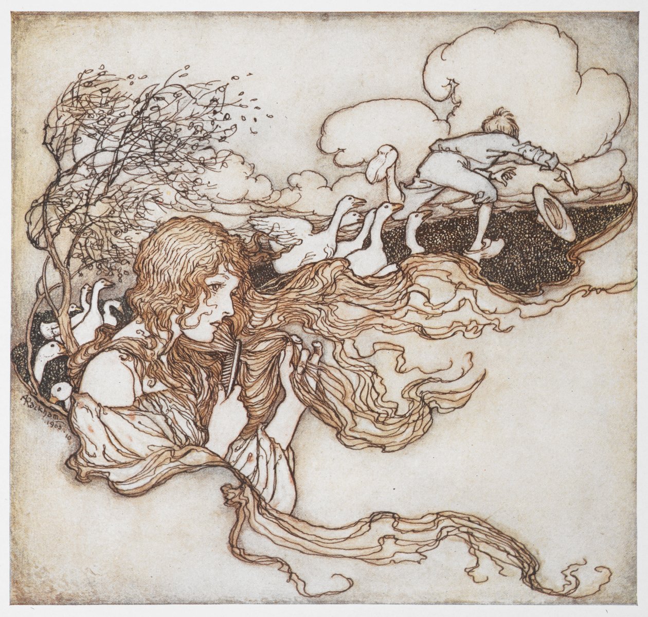 Ilustracja przedstawiająca dziewczynę czeszącą włosy gęsiami i chłopcem w tle, z filmu The Goosegirl. autorstwa Arthur Rackham