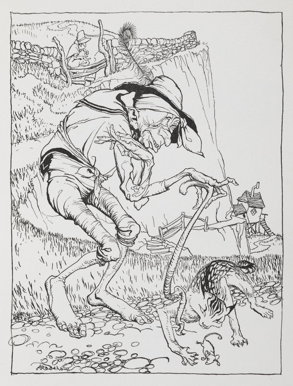 Stary krzywy człowiek ze swoim krzywym kotem i krzywym domem. autorstwa Arthur Rackham