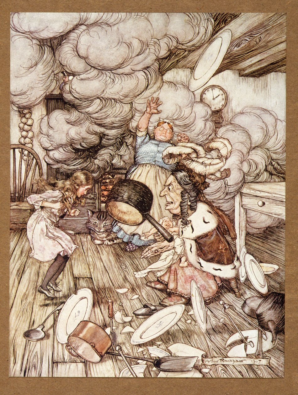Niezwykle duży rondel przeleciał w pobliżu i prawie go uniósł, z „Alices Adventures in Wonderland” Lewisa Carrolla, wyd. 1907 autorstwa Arthur Rackham