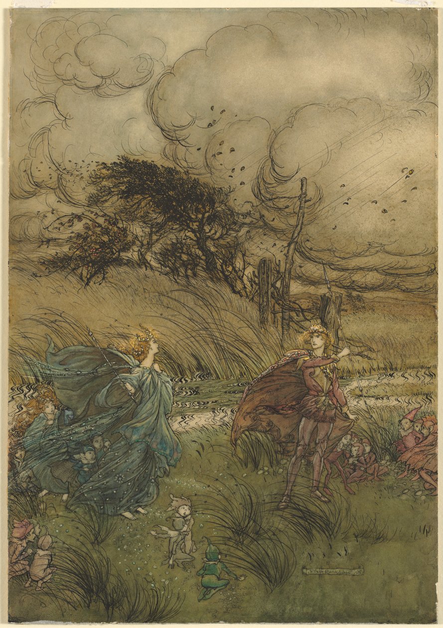 „A teraz nigdy nie spotykają się w zagajniku ani w zieleni” z aktu 2, scena 1 Snu nocy letniej Williama Szekspira autorstwa Arthur Rackham