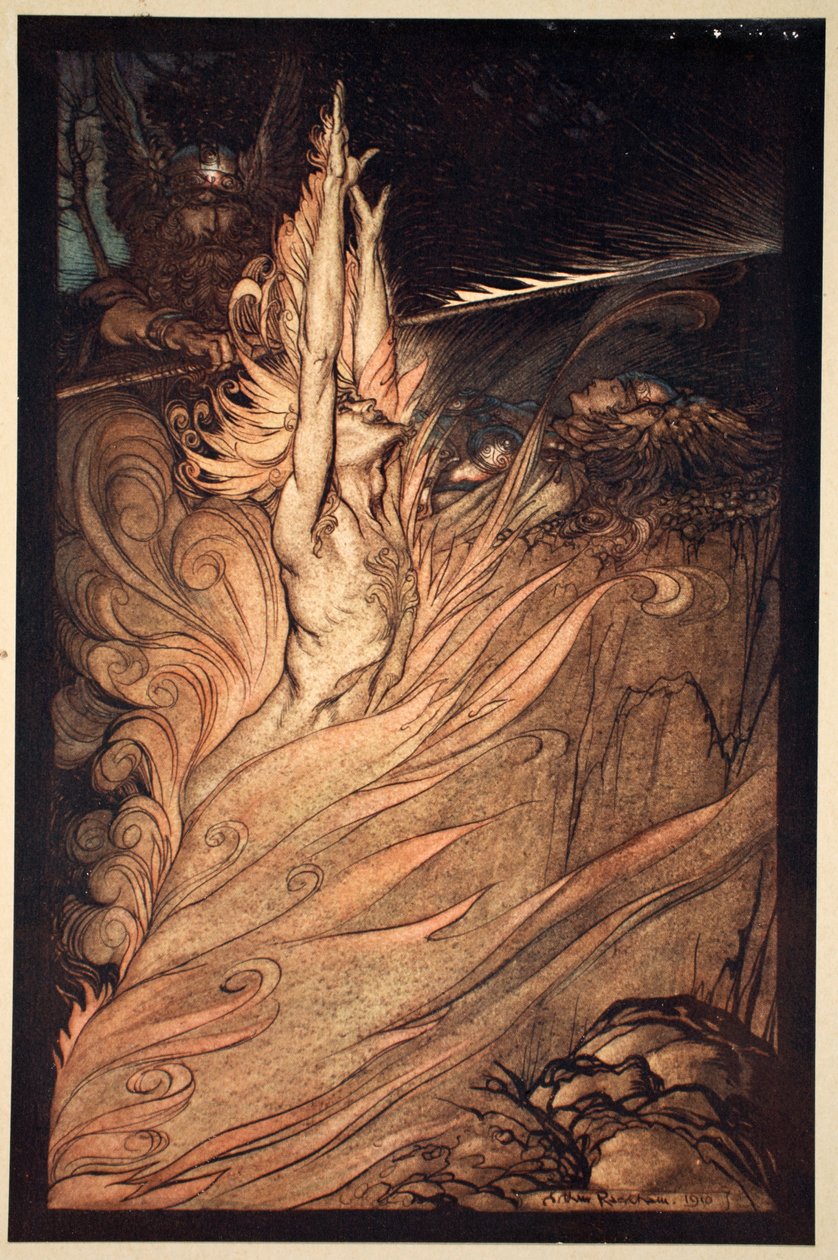 „Pojaw się, migoczący ogniu, Okrąż skałę swoim płomieniem! Loża! Loża! Pojawia się!”, 1910. autorstwa Arthur Rackham